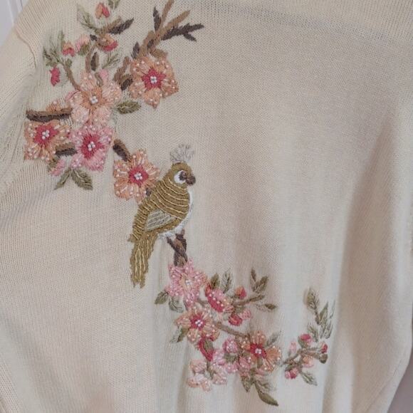 Vintage Heirloom Collectibles Embroidered Cream Floral Bird Cottagecore Cardigan - Picture 11 of 15
